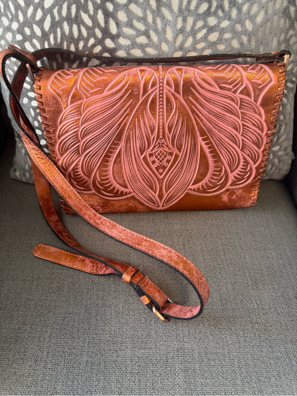 Patricia Nash Copper Brown Tooled Leather Crossbody with Pink Accents